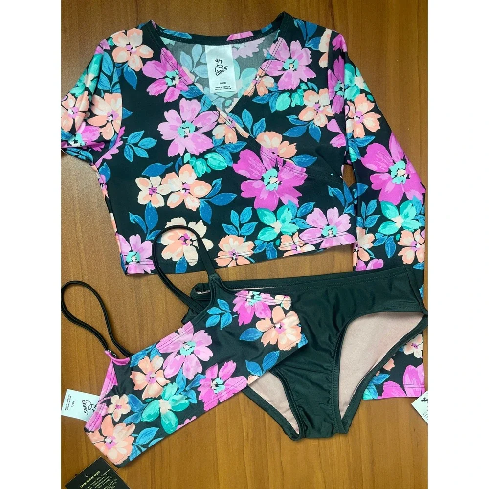 Art Class Girls 3-Piece Swimsuit Set Black Floral Rash Guard Bikini Small Sz6/7